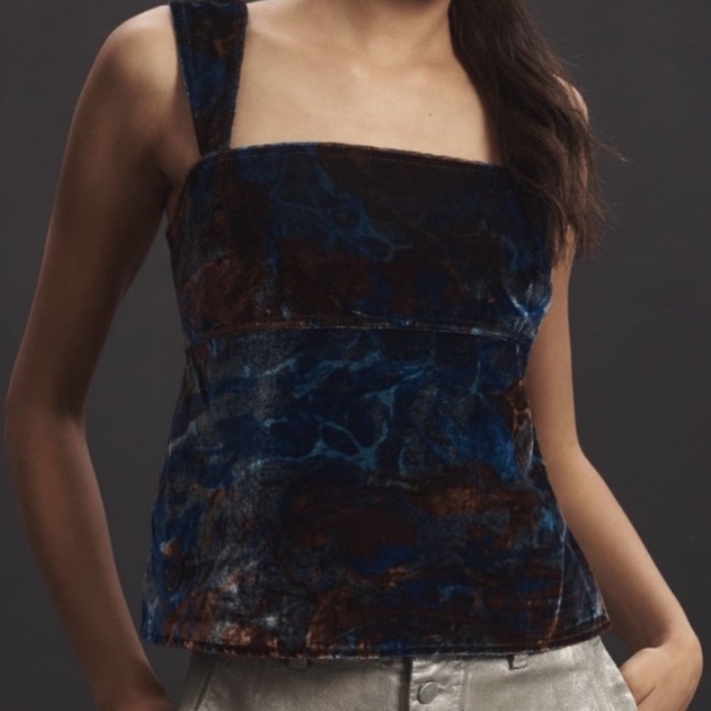 🟠NWT PILCRO by ANTHROPOLOGIE Velvet Flyaway Top in Blue/Chocolate Print